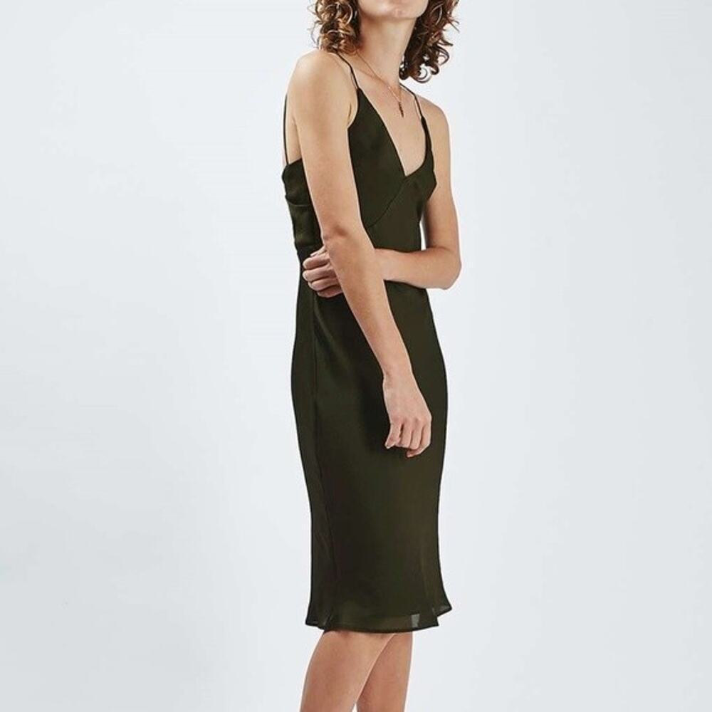 Topshop Draped Back Satin Slip Dress olive green midi size US 6